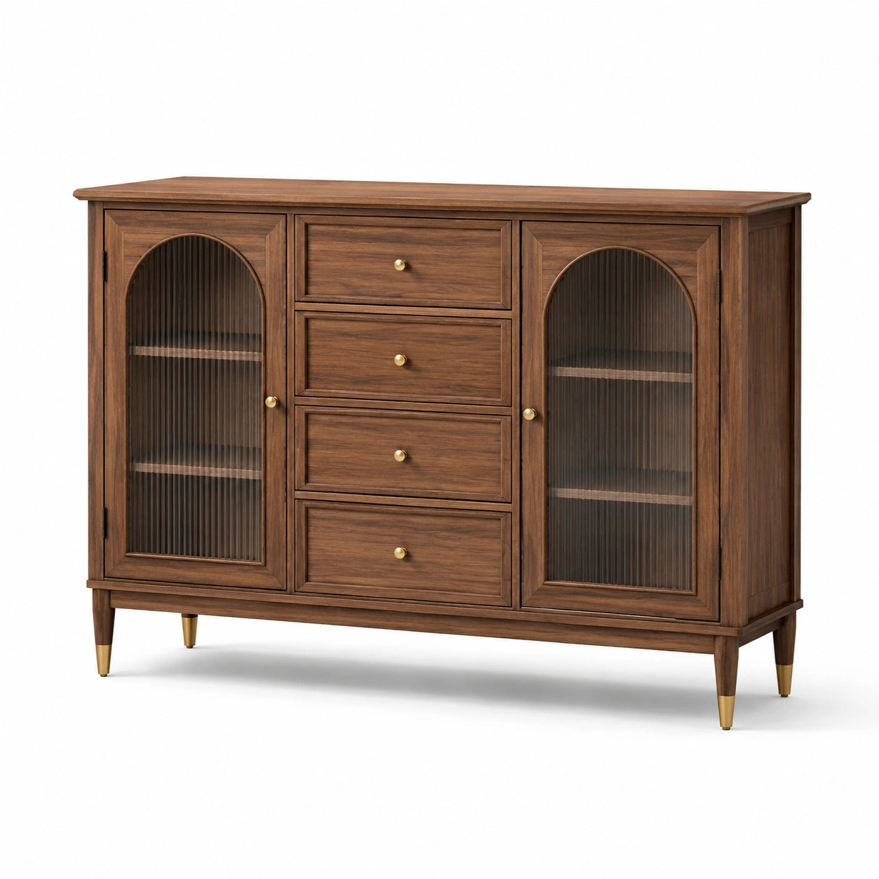 Aparador de madera con cajones y puertas de vidrio marrón