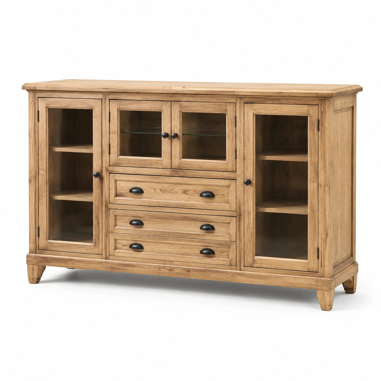 Aparador de madera de roble con puertas de vidrio templado