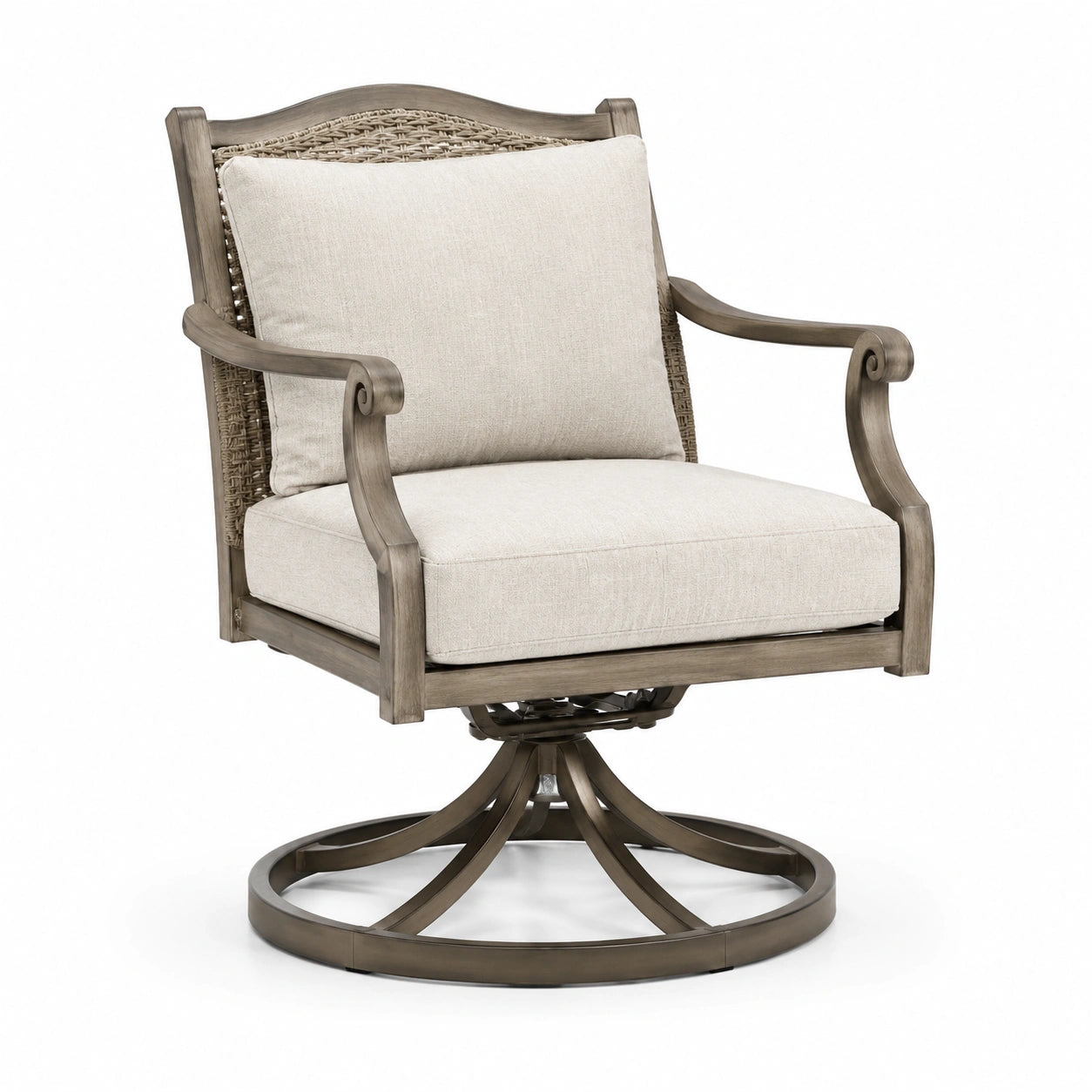 Sillón giratorio de madera y ratán con cojines de poliéster beige