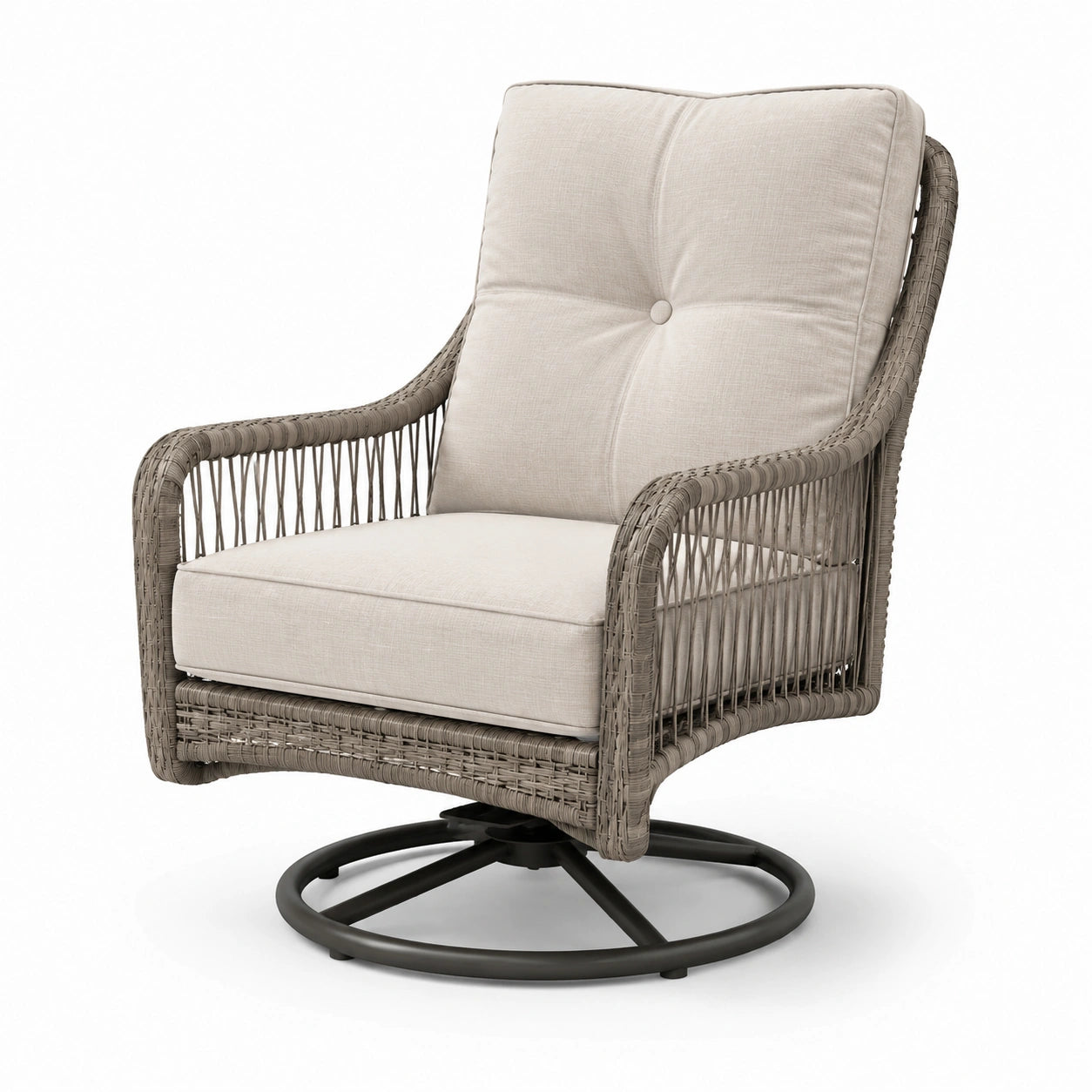 Sillón giratorio de ratán sintético con cojines de poliéster beige