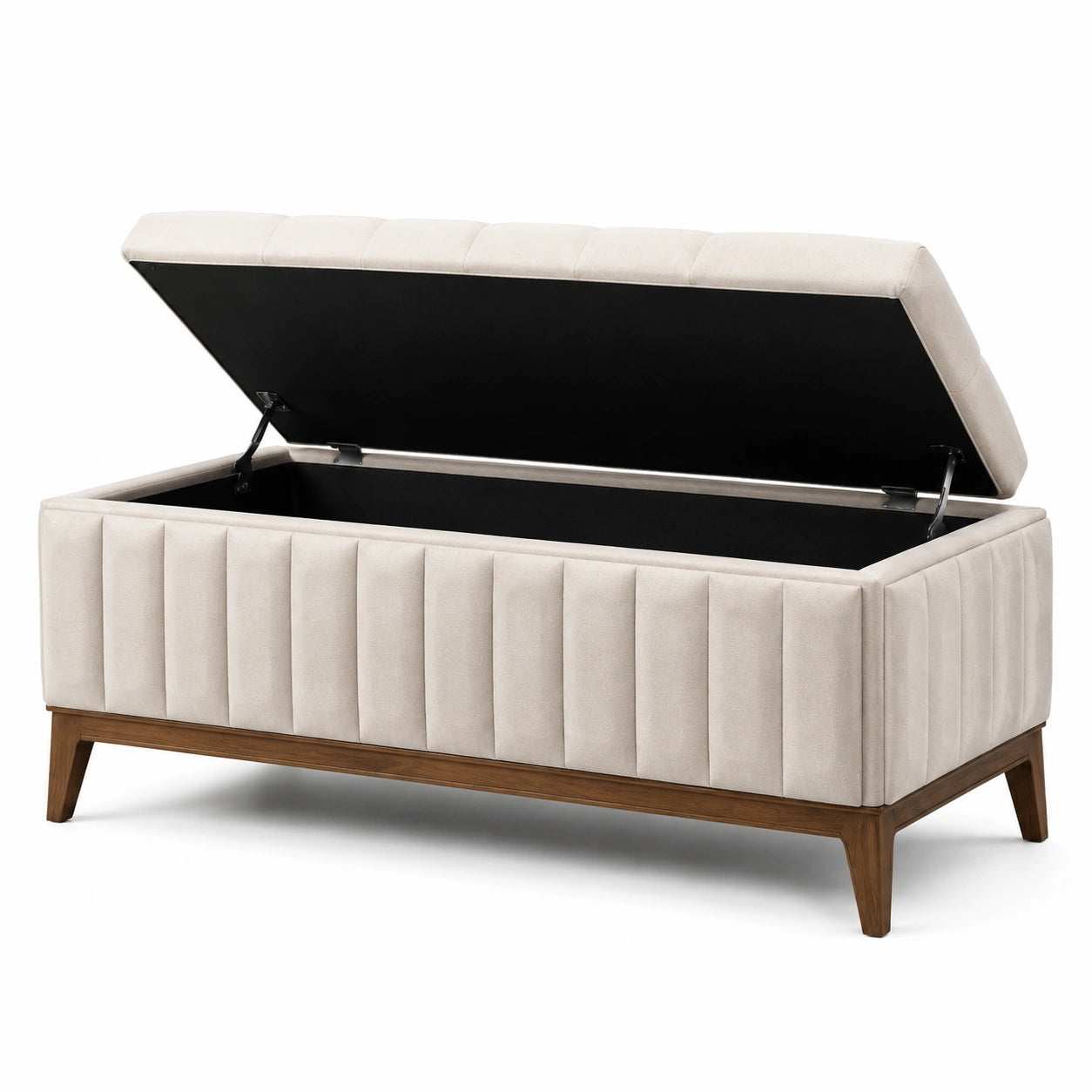 Banco de almacenamiento de terciopelo beige con patas de madera