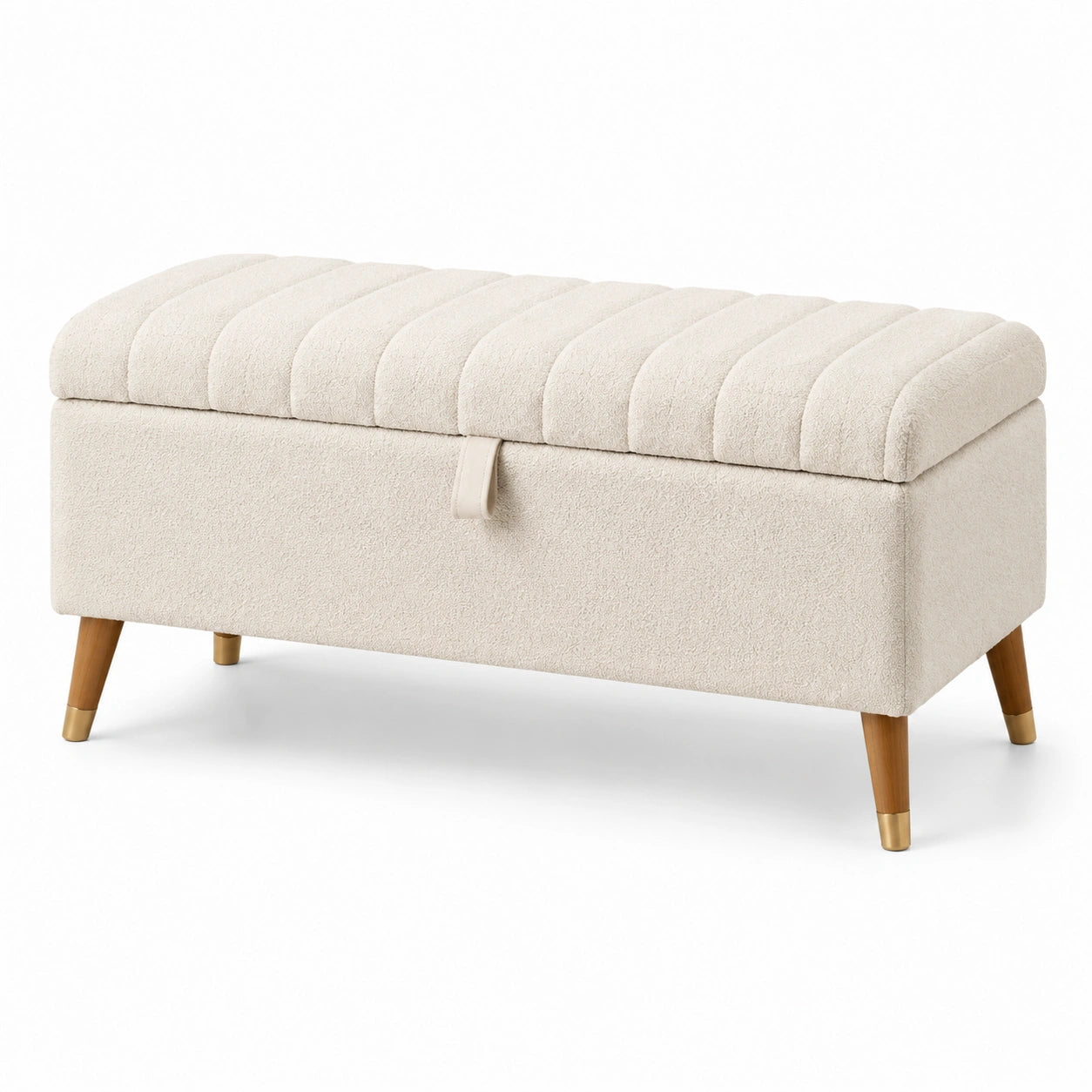 Taburete de almacenamiento en tela beige con patas de madera
