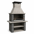Barbacoa de hormigón y piedra con chimenea y estantes gris