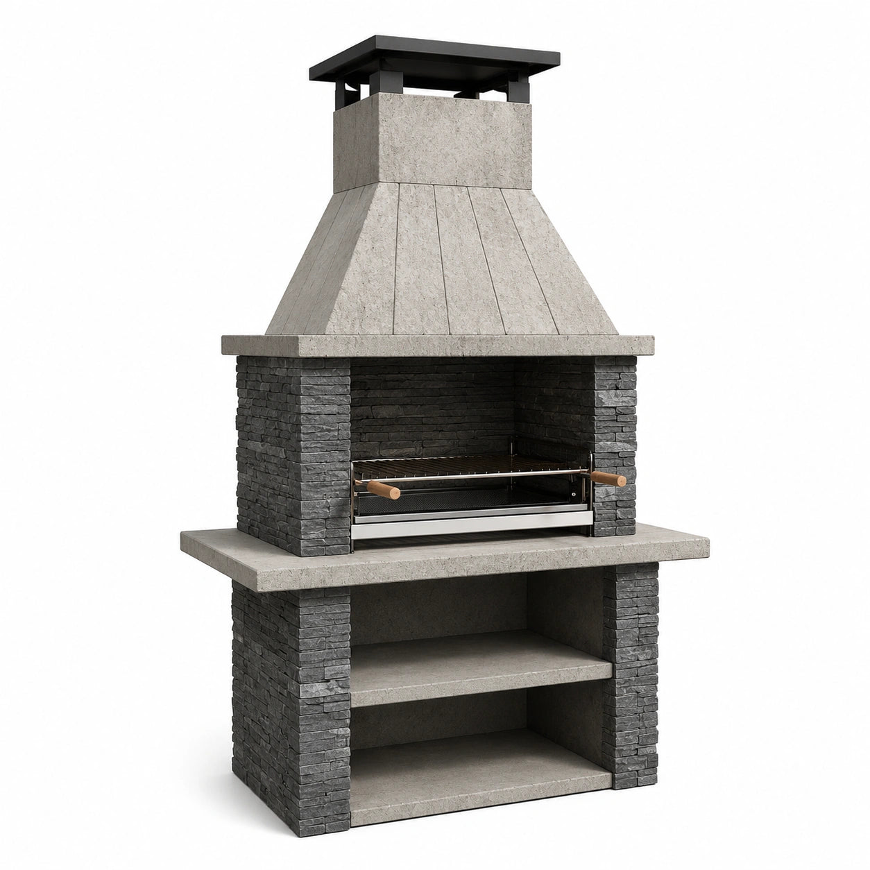 Barbacoa de hormigón y piedra con chimenea y estantes gris