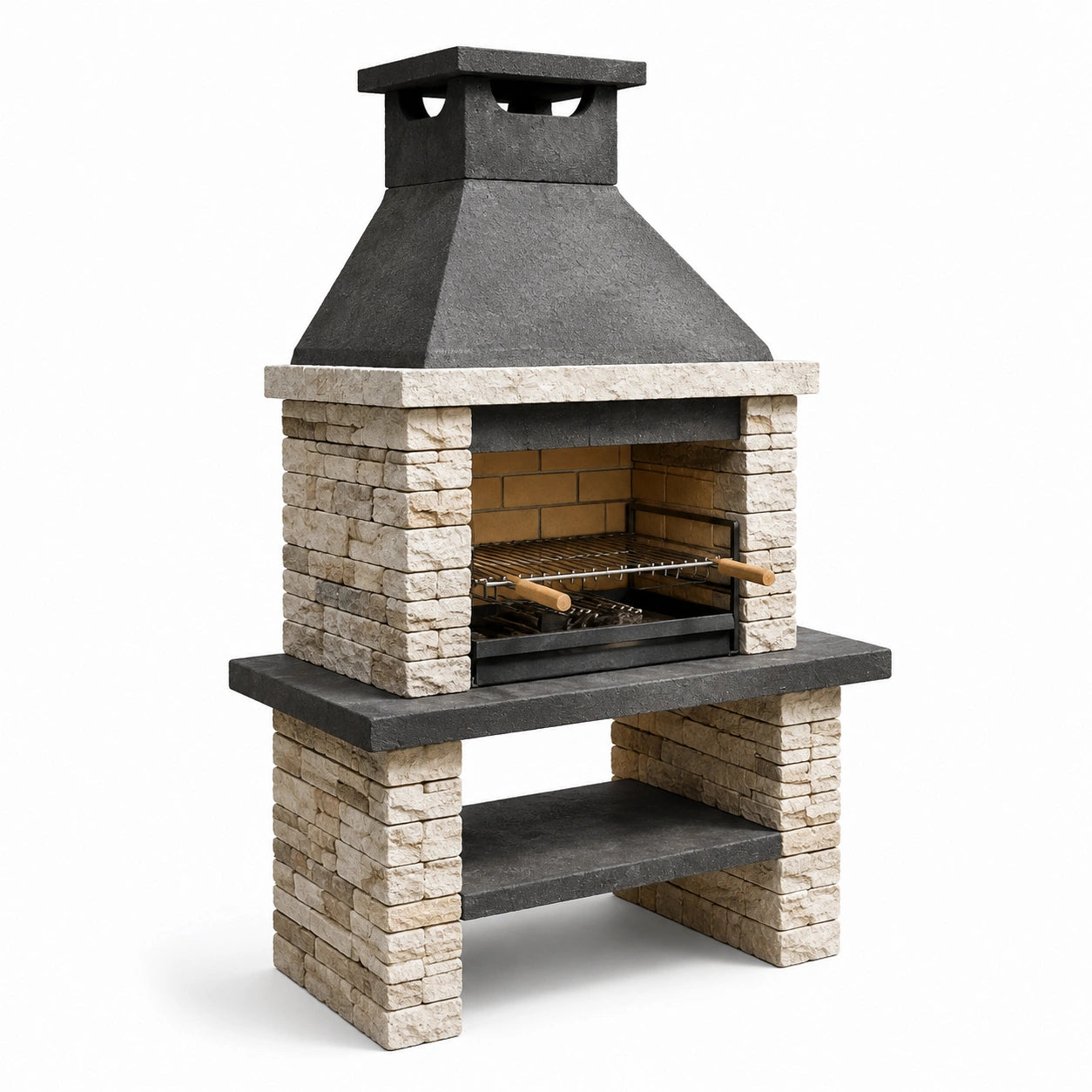 Barbacoa de piedra caliza y cemento con rejilla de acero inoxidable 130x75x210 cm