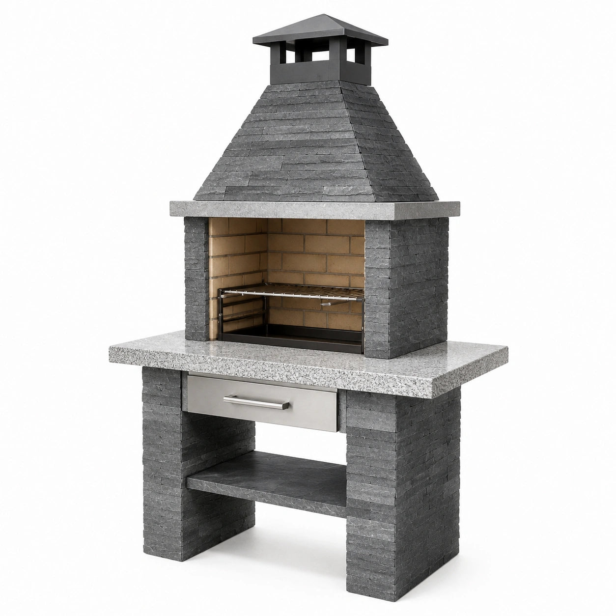 Barbacoa de ladrillo refractario y piedra con chimenea