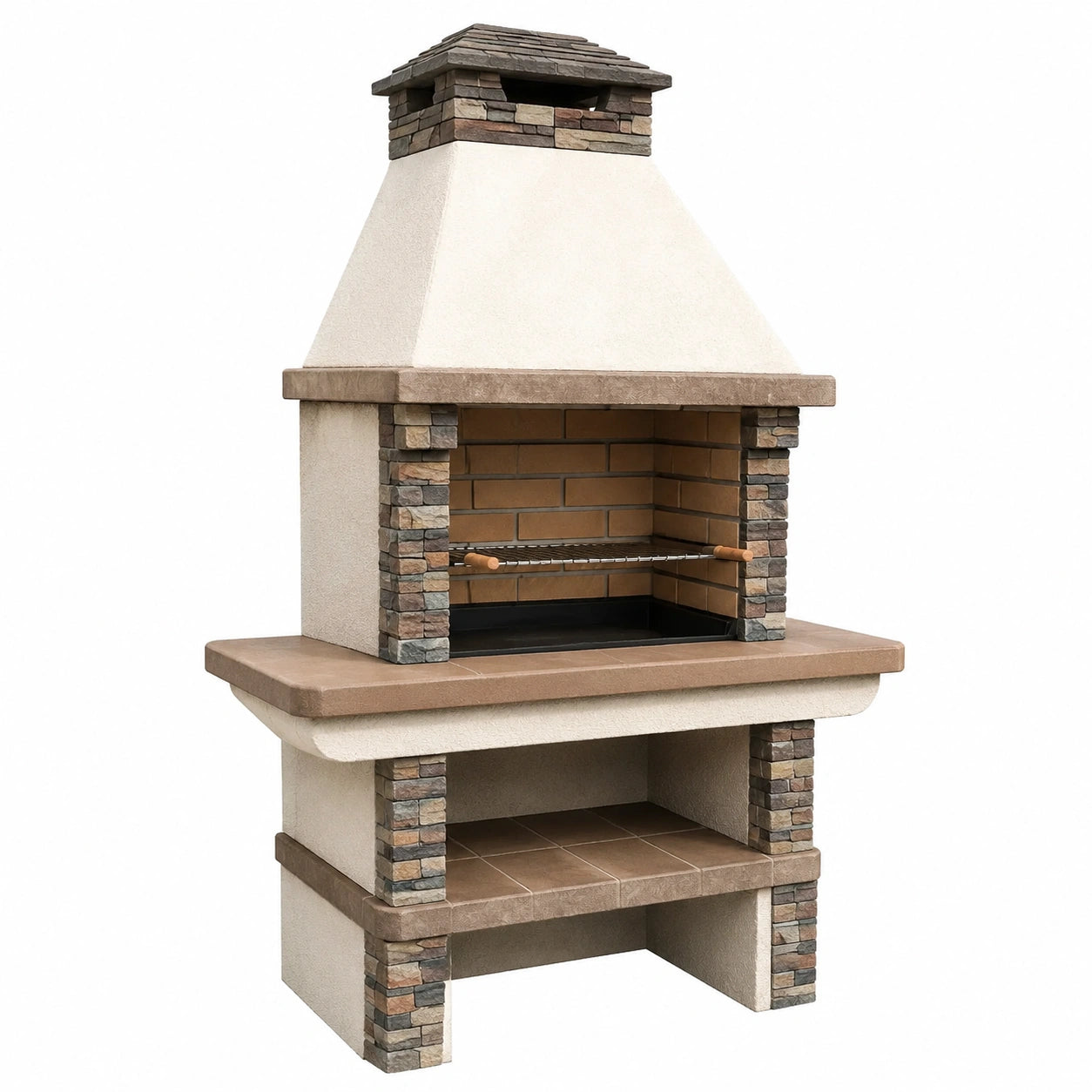 Barbacoa de piedra y ladrillo con parrilla de acero inoxidable 150 cm x 60 cm x 210 cm beige/marrón