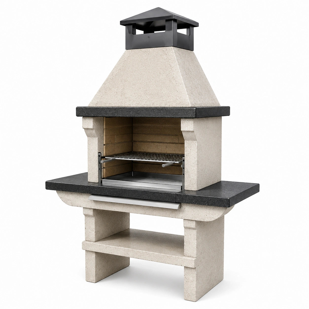 Barbacoa de hormigón con superficie de granito y parrilla de acero, gris y negro, 150 cm de altura