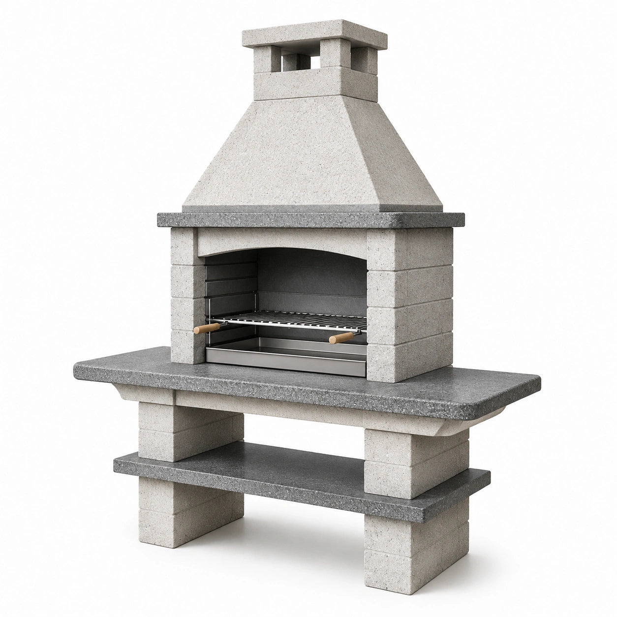 Barbacoa de ladrillo refractario con campana y estante de piedra, 200 cm, gris claro