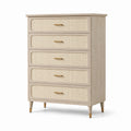 Cajonera alta de madera de roble y ratán tejido con 5 cajones beige