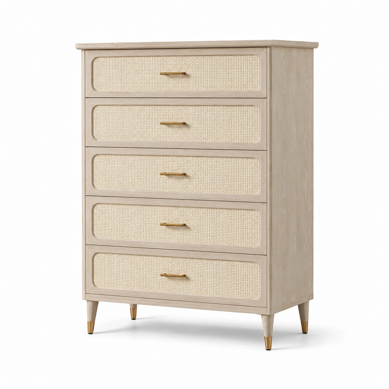 Cajonera alta de madera de roble y ratán tejido con 5 cajones beige