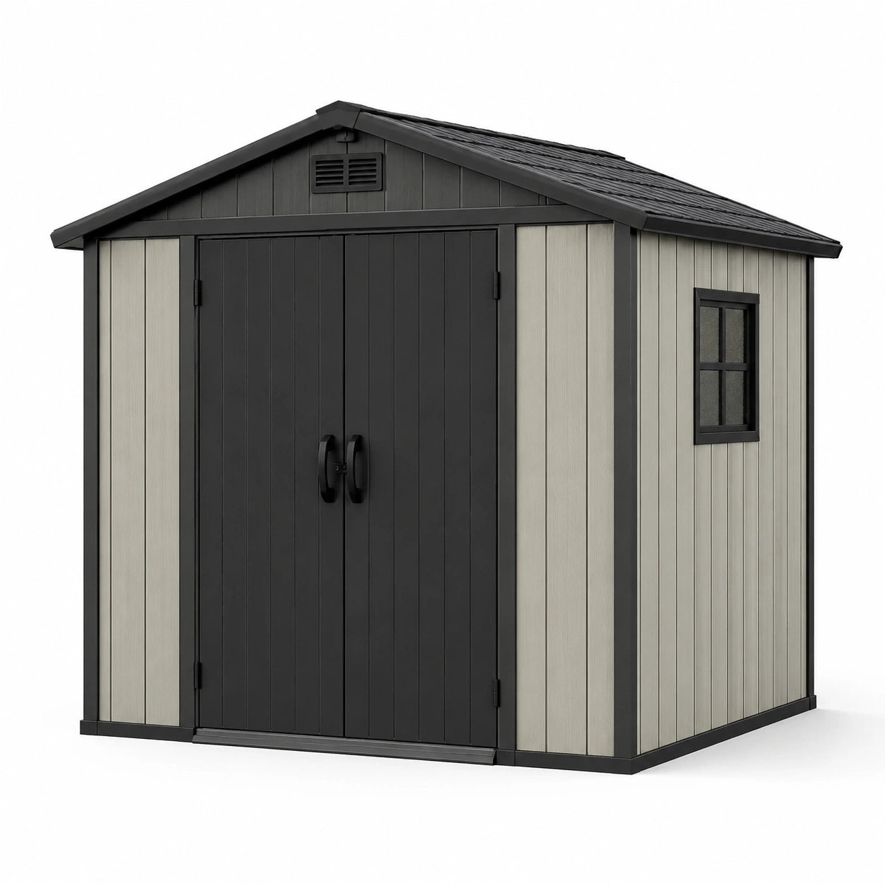 Cobertizo de jardín de plástico 200x135x180cm gris/negro con puerta doble