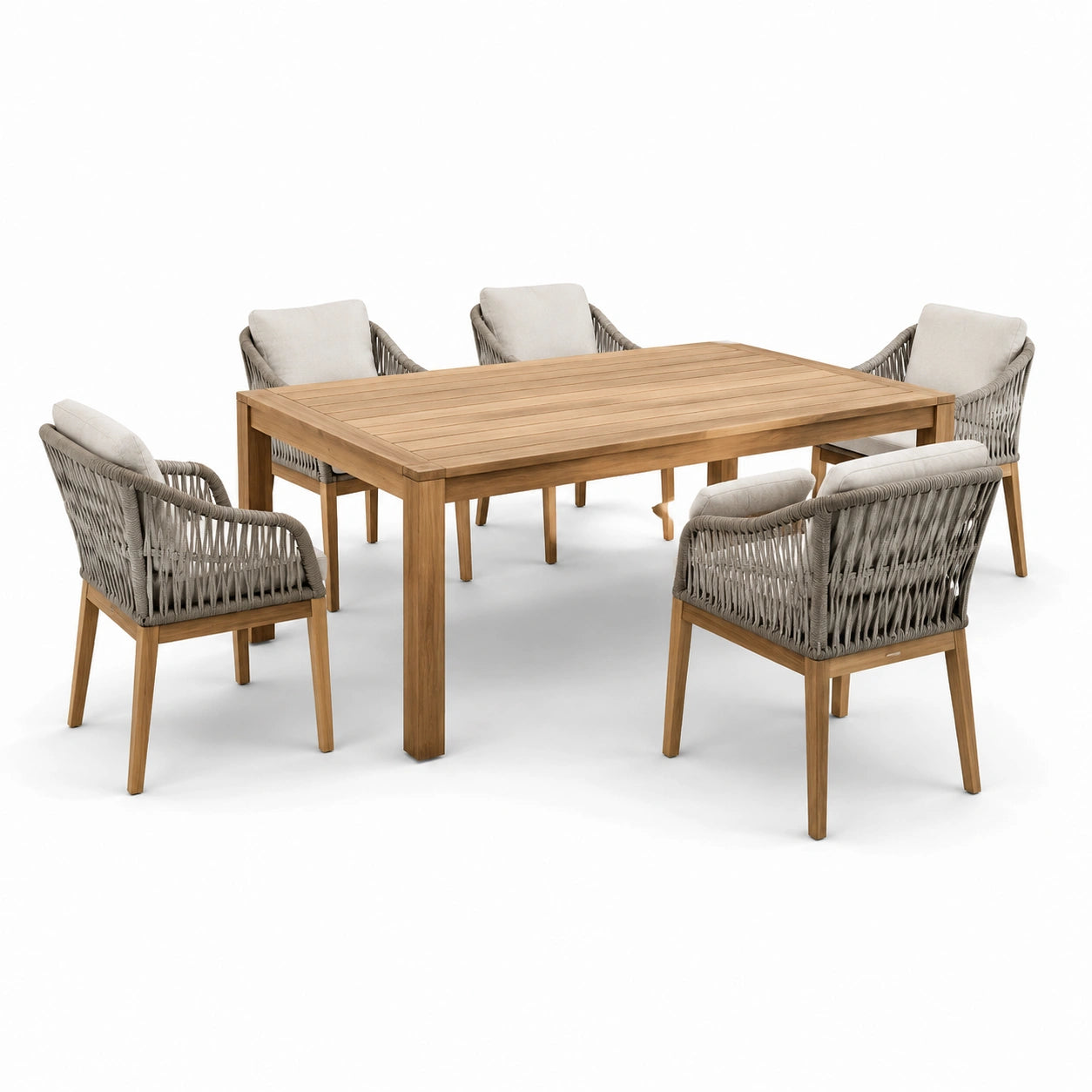 Conjunto de comedor de jardín de madera de teca con 6 sillas de cuerda de poliéster beige